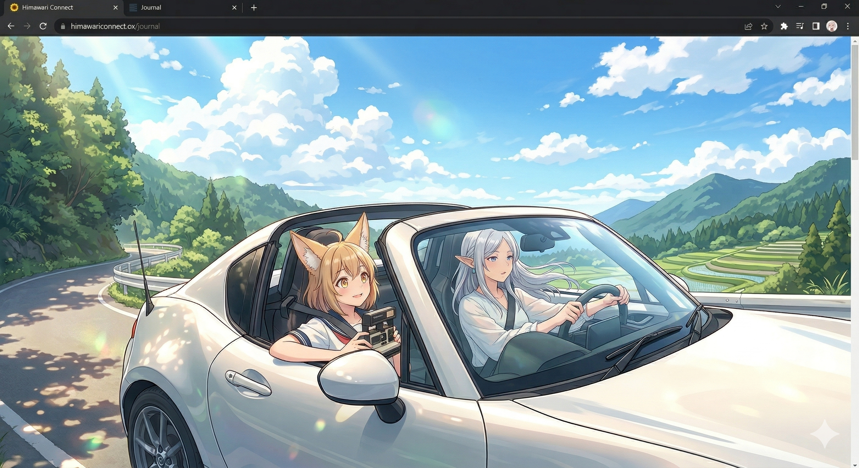 碧い風の中、里山の峠道をホワイトのロードスターRFでドライブする温泉エルフ（運転）とJK妖狐の向日葵ちゃん（助手席）